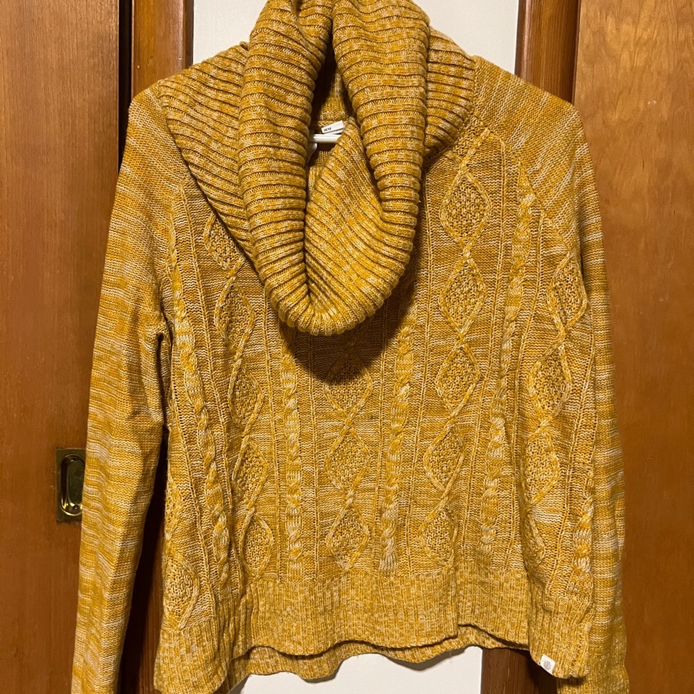 Women’s Vintage Element Cowl Neck Cable Knit Sweater- Mustard. Circa 2005